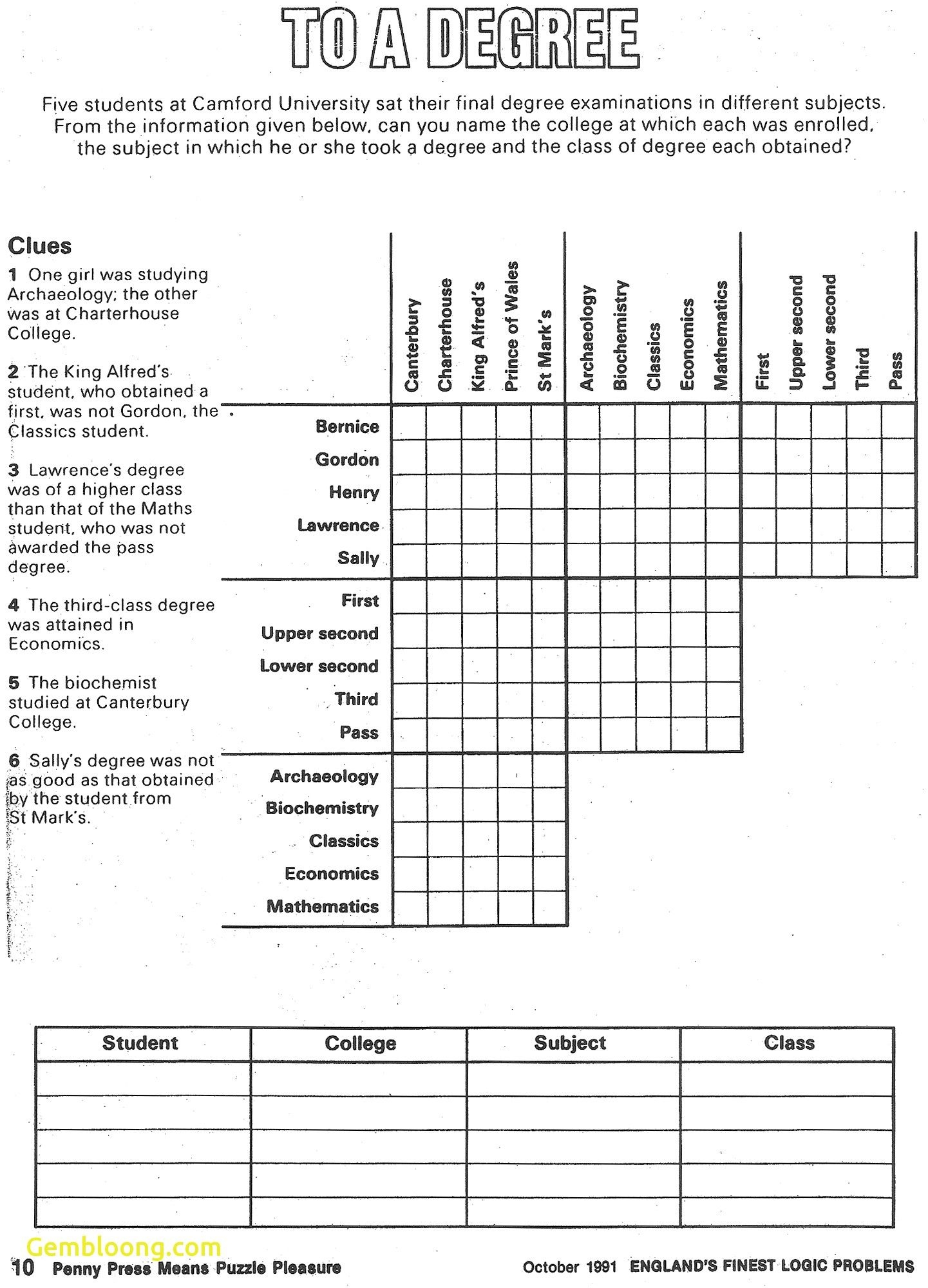 6th Grade Logic Puzzles Worksheets