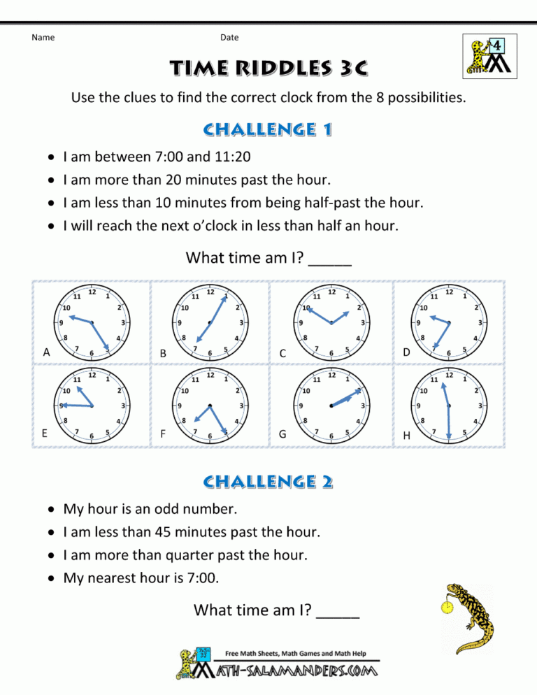 Printable Time Worksheets Time Riddles easier 