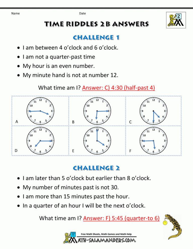 Printable Time Worksheets Time Riddles easier 