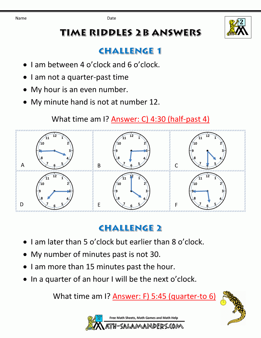 Printable Time Worksheets Time Riddles easier