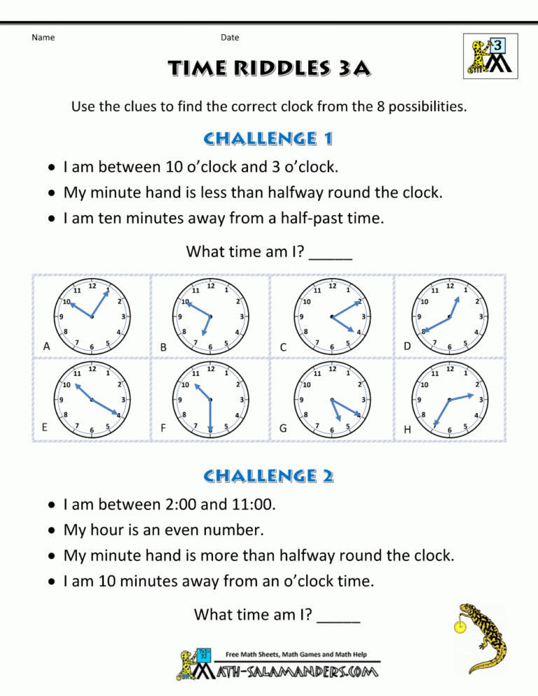 Printable Time Worksheets Time Riddles easier 