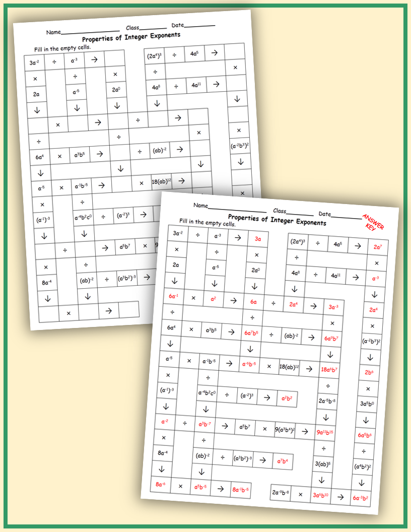 Exponent Properties Puzzle Worksheets Pdf