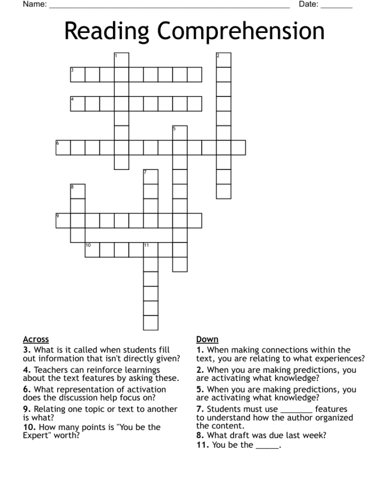 Reading Comprehension Crossword WordMint