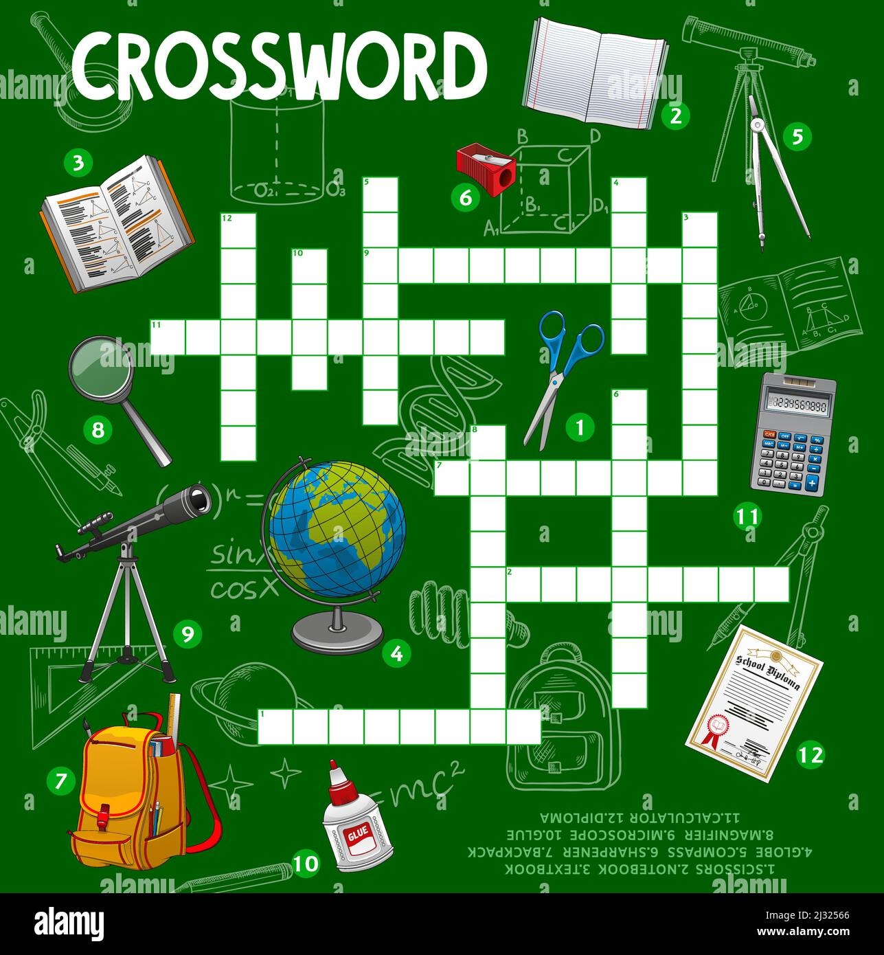 School Stationery And Items Crossword Puzzle Game Grid Quiz Worksheet Vector Scissors Notebook Textbook And Globe Compass Sharpener Or Backpack Stock Vector Image U0026 Art Alamy