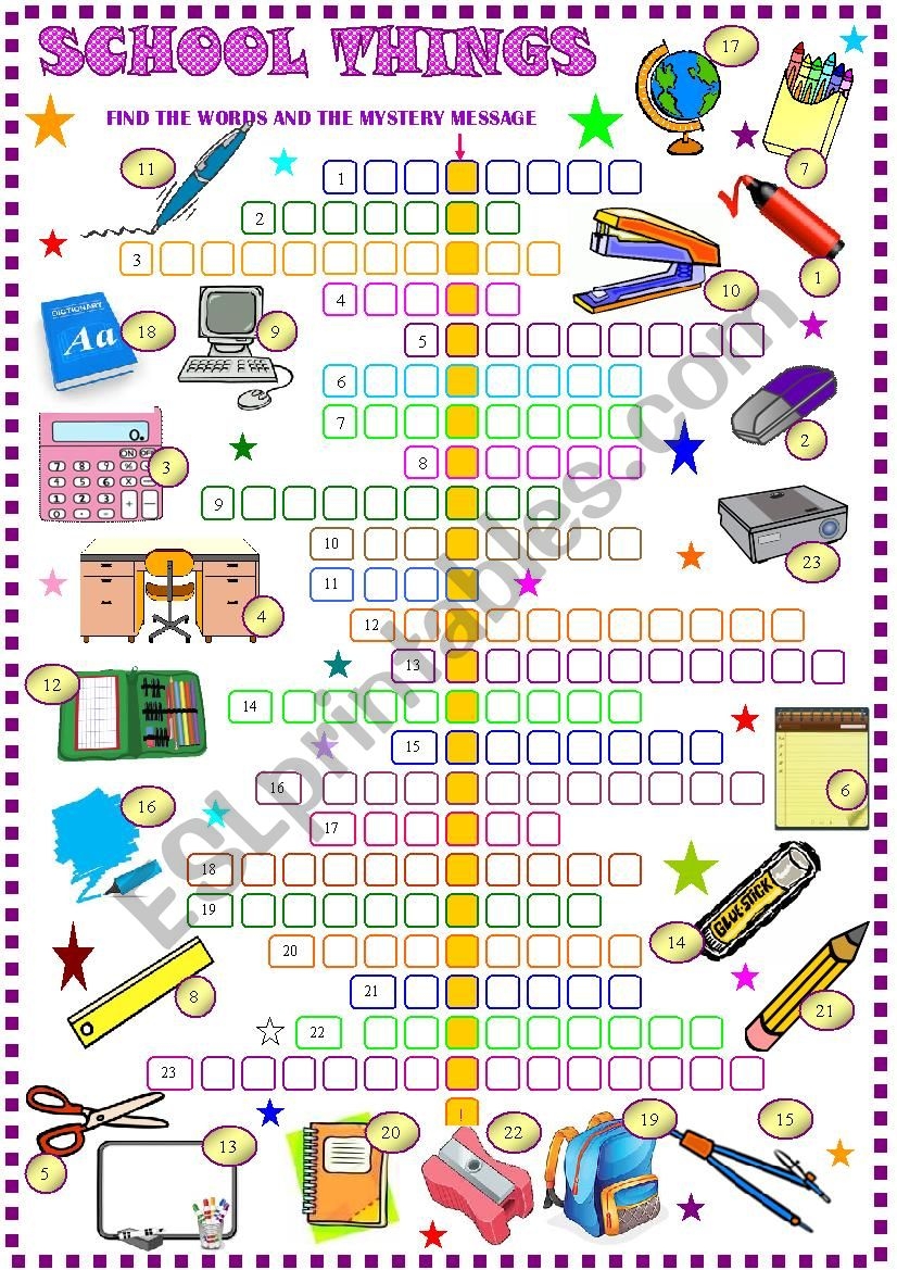 School Things Crossword Puzzle With Hidden Message ESL Worksheet By Spied d aignel