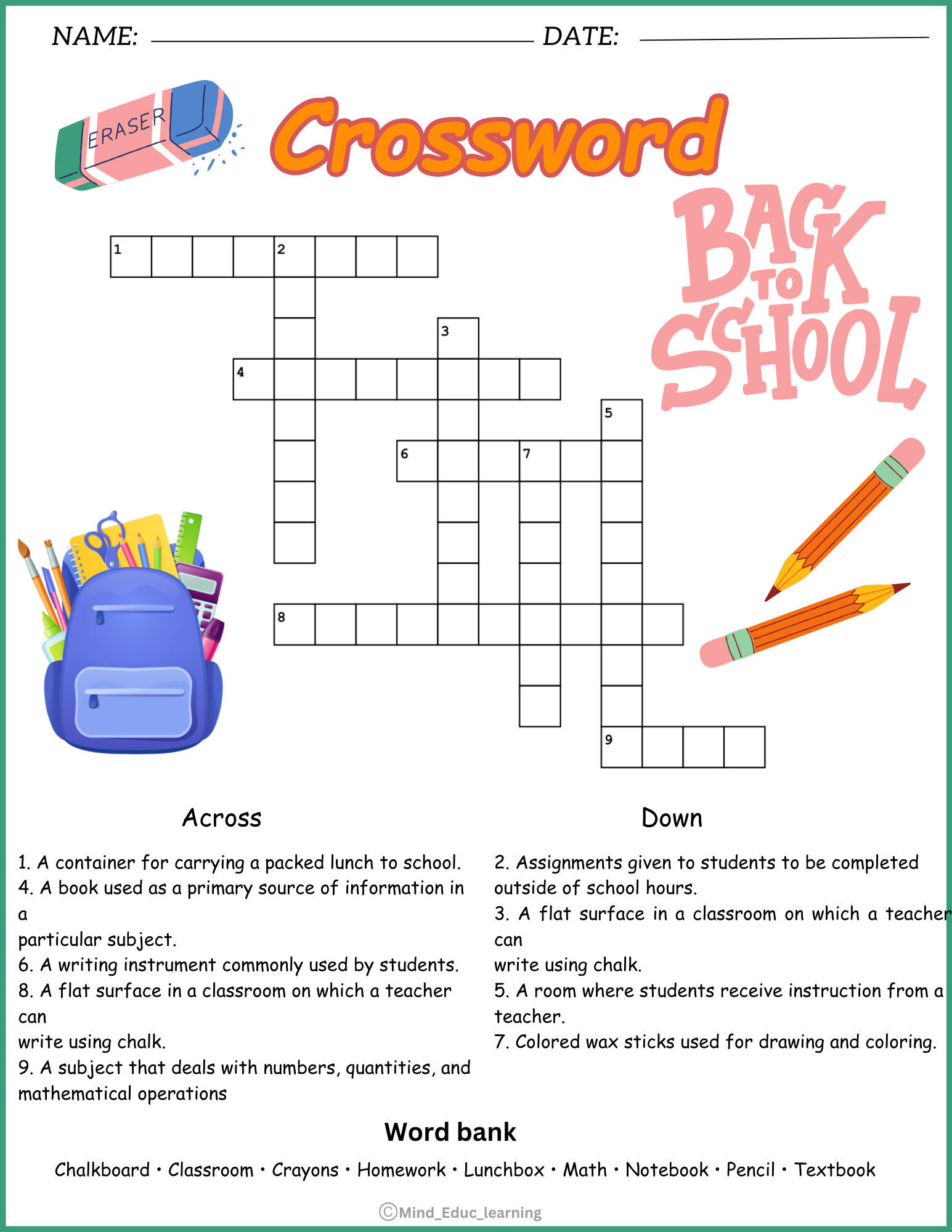 School Vocabulary Crossword Puzzle Worksheet Activity Made By 
