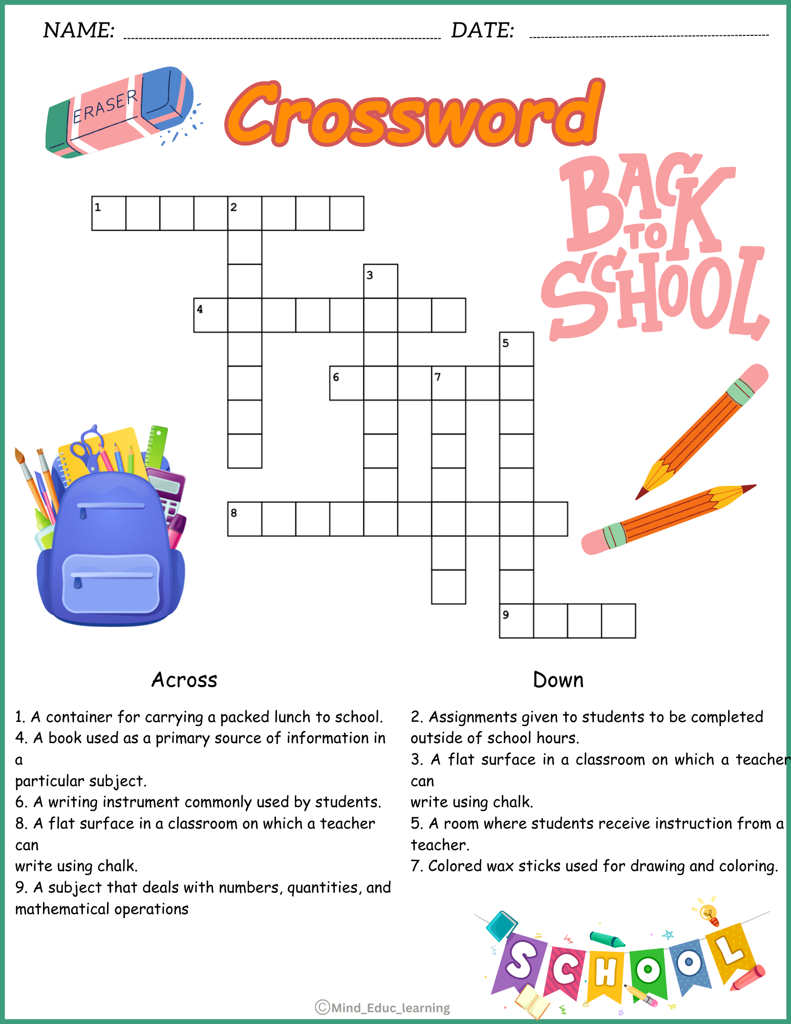 School Vocabulary Crossword Puzzle Worksheet Activity Made By 