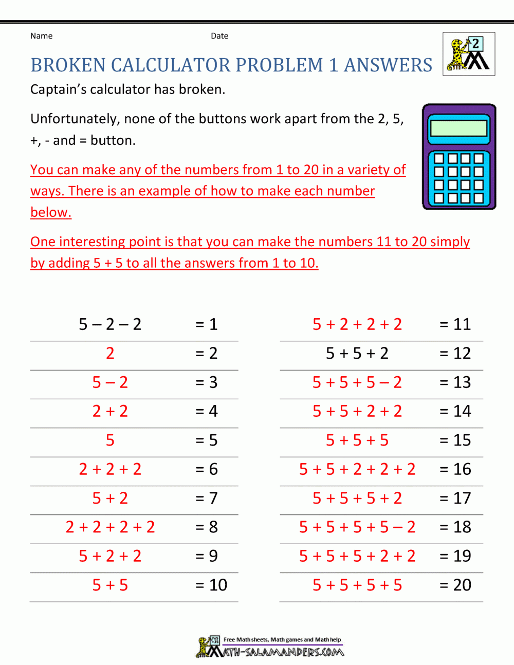 Calculator Puzzles Worksheets