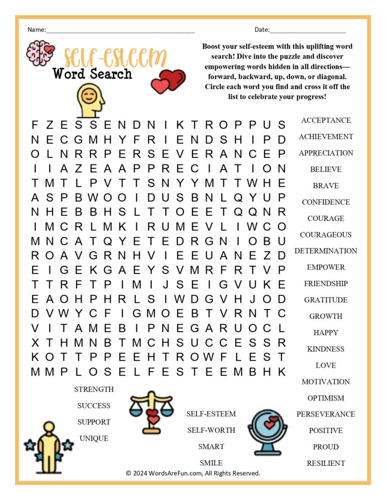 Self Esteem Word Search Printable