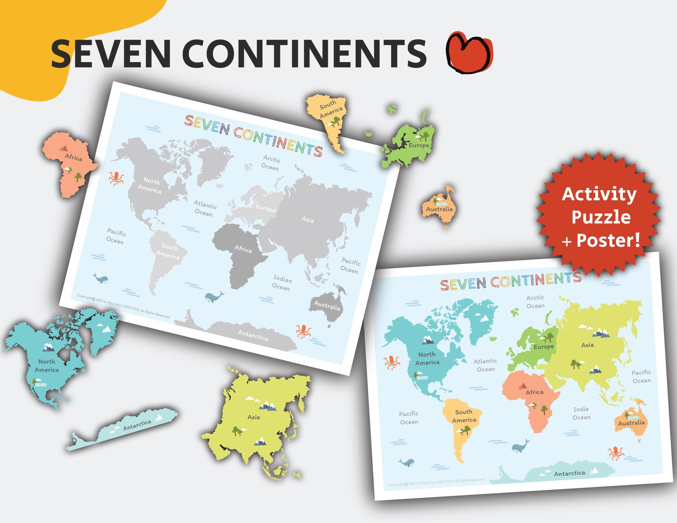 Seven Continents Puzzle Printable World Map World Continents Educational Poster Learning Chart Homeschool Activity Instant Download Etsy