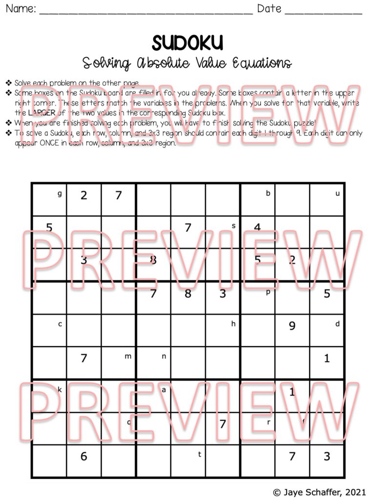 Solving Absolute Value Equations Sudoku Puzzle Made By Teachers