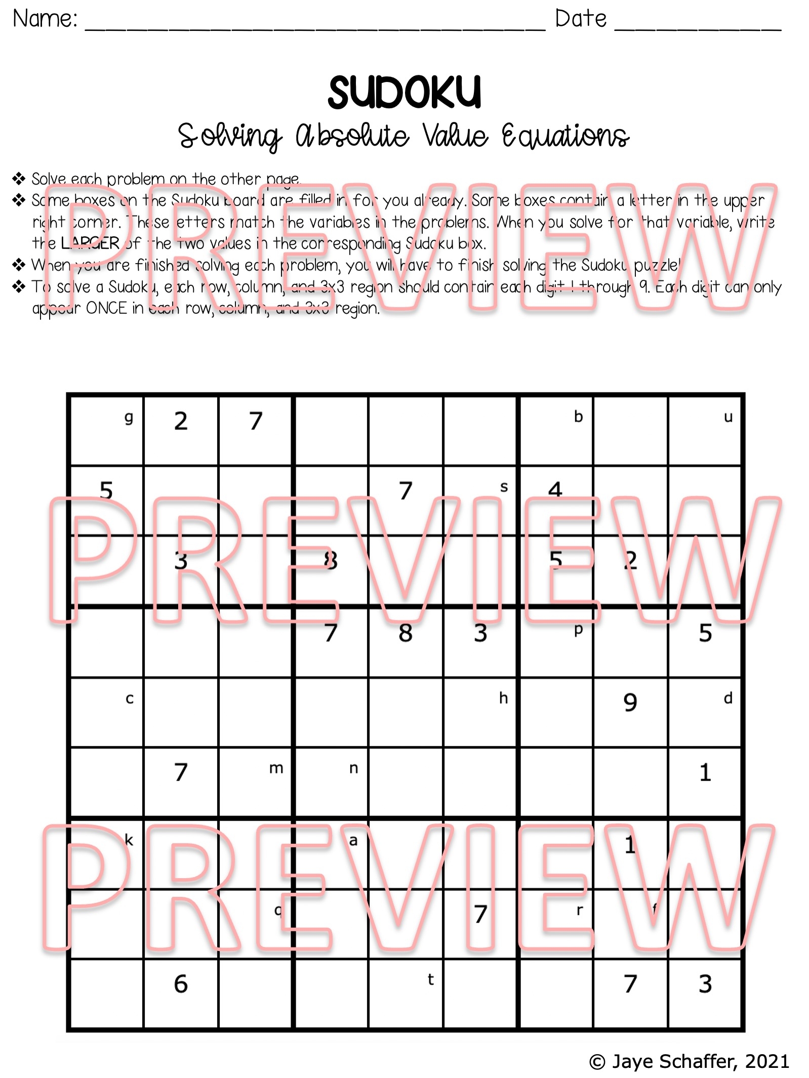 Solving Absolute Value Equations Sudoku Puzzle Made By Teachers