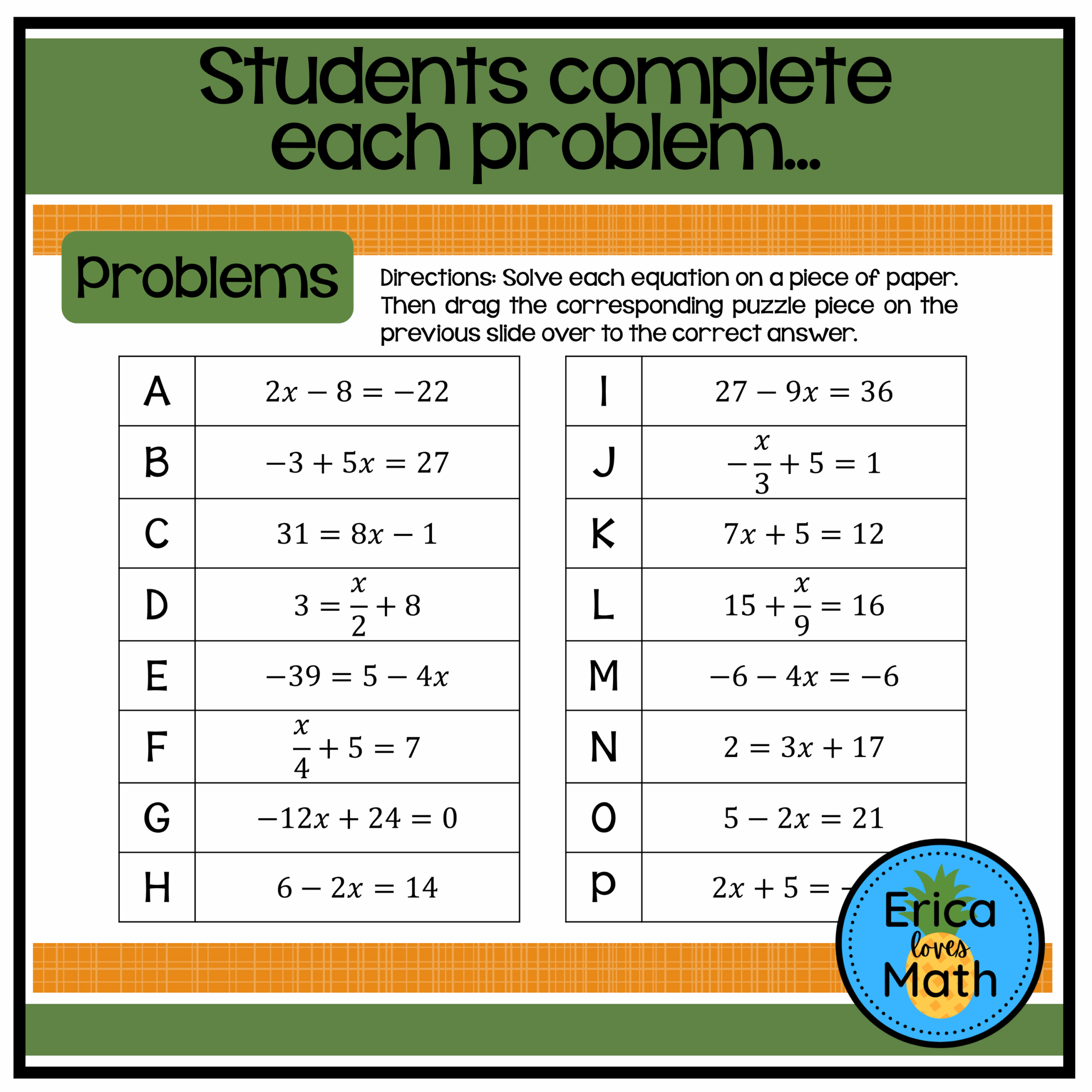 2 Step Equation Puzzle Worksheets