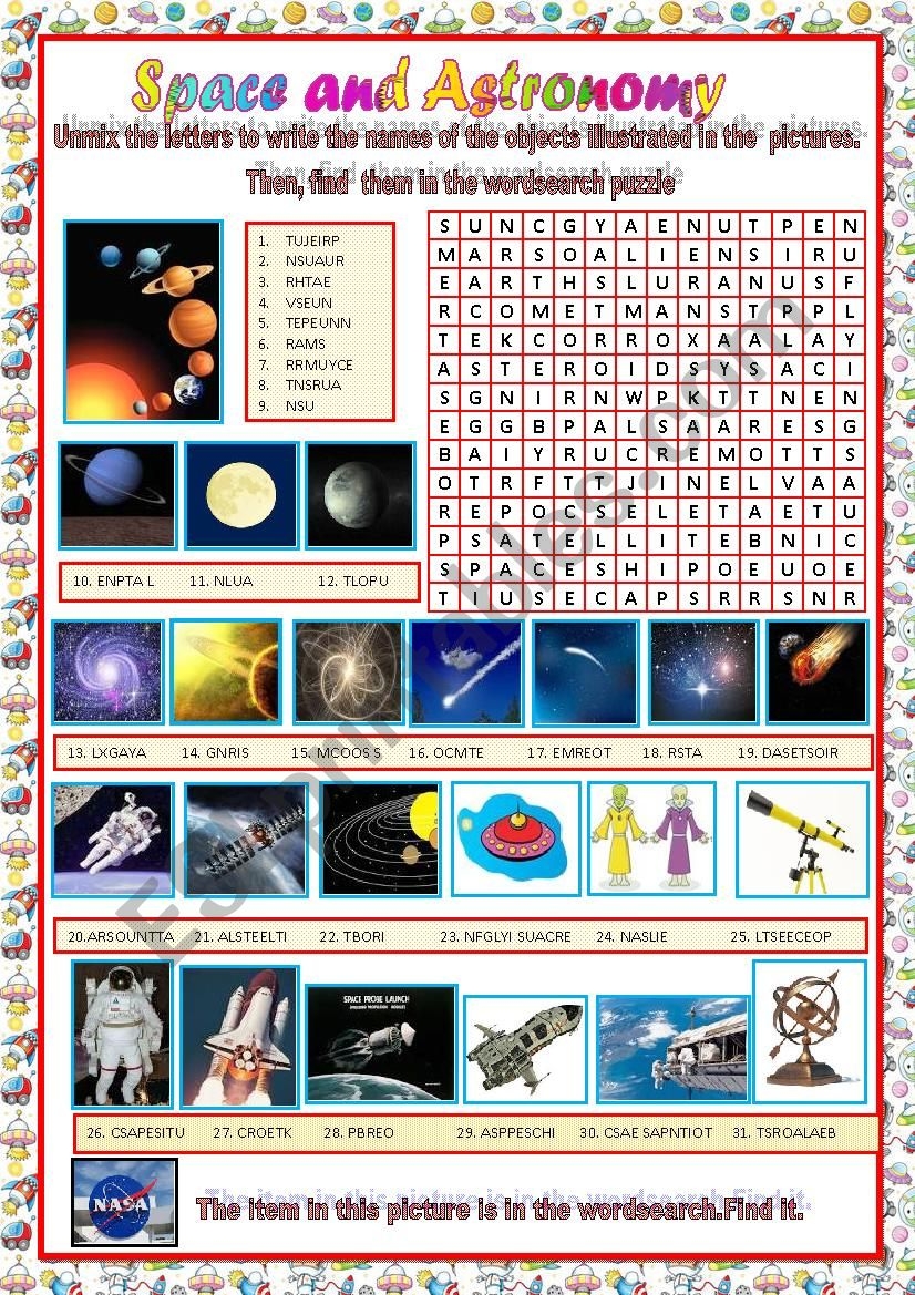 Space And Astronomy Wordsearch Puzzle ESL Worksheet By Oumsalsabil