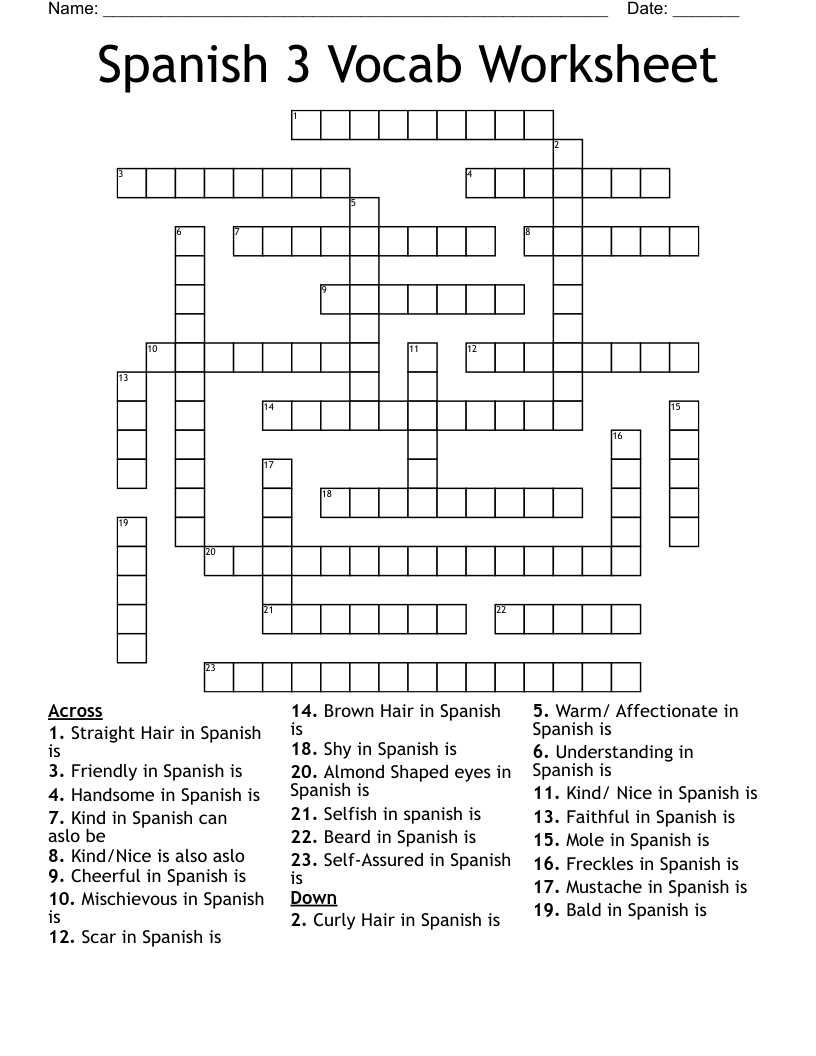 Spanish 3 Vocab Worksheet Crossword WordMint