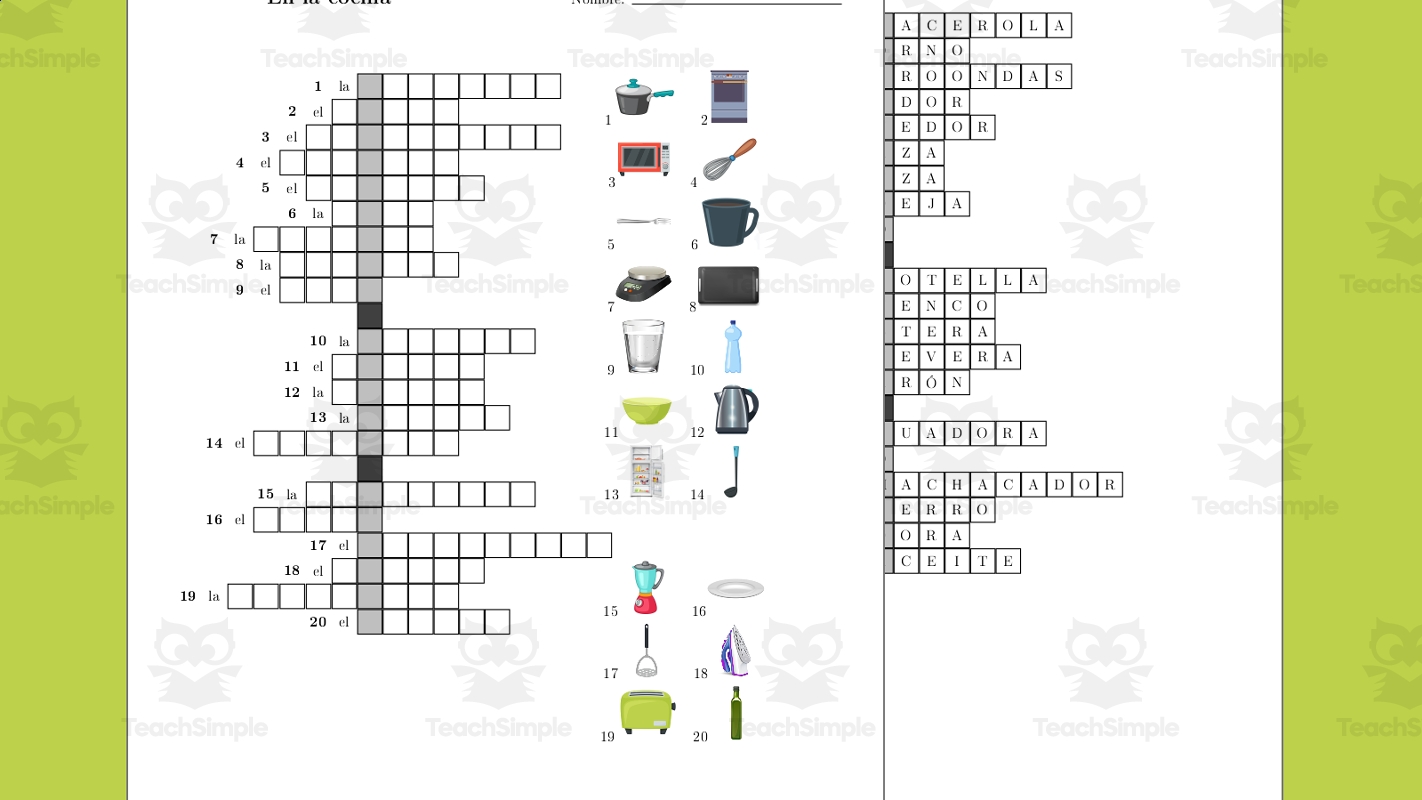Spanish Crossword Puzzle In The Kitchen En La Cocina