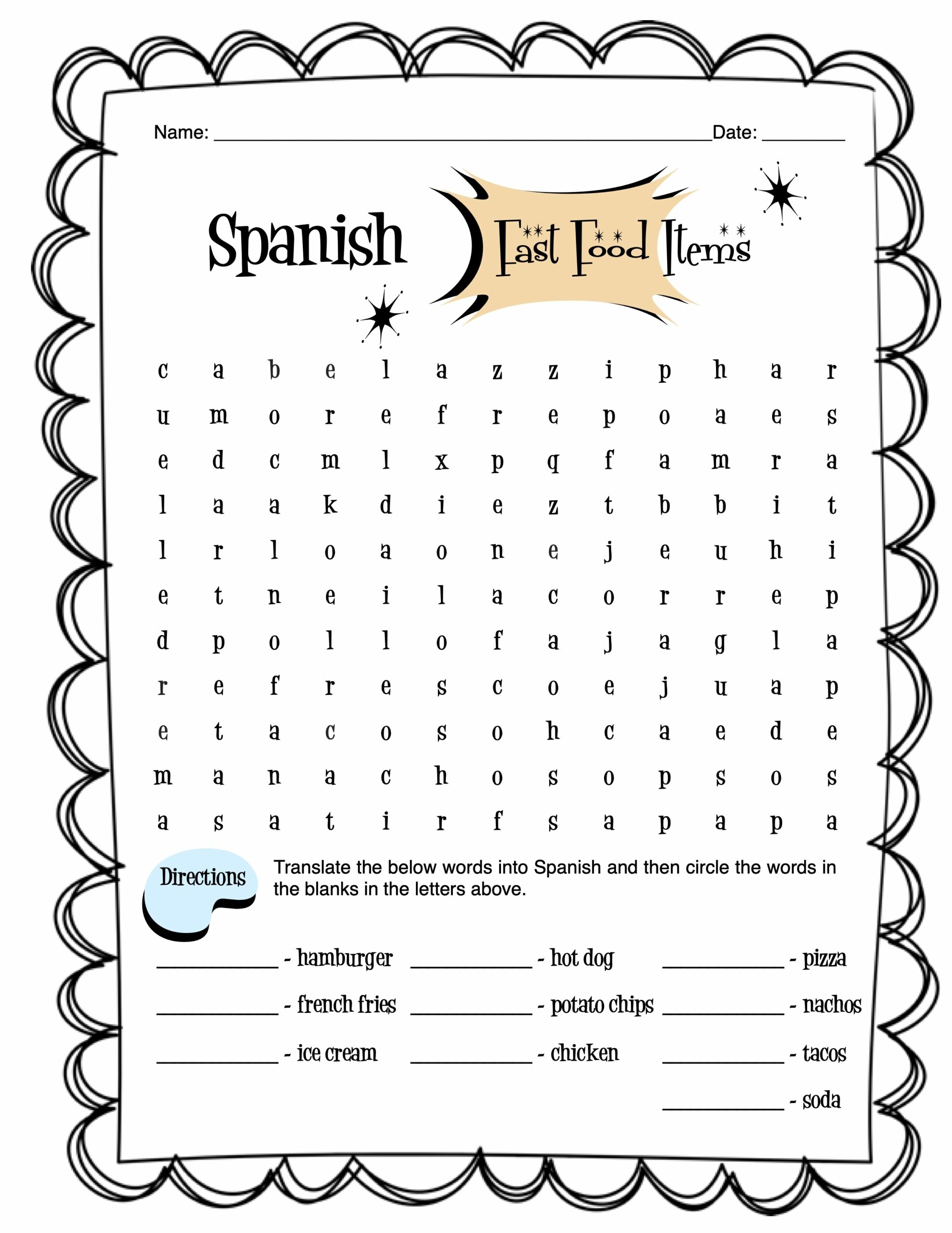 Foods In Spanish Worksheets And Puzzles