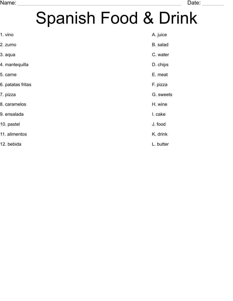 Spanish Food U0026 Drink Worksheet WordMint
