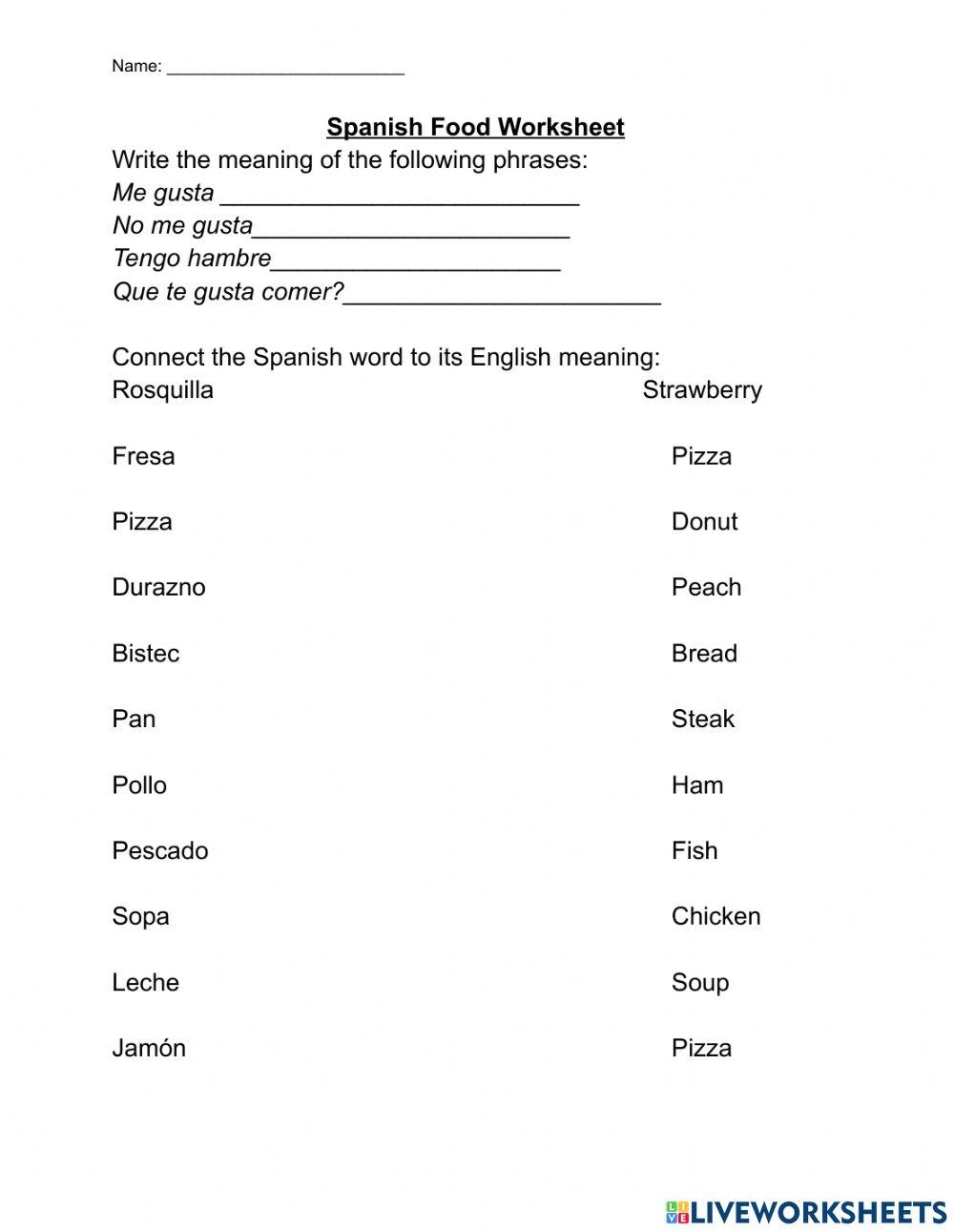 Spanish Food Vocabulary And Phrases Worksheet Live Worksheets 