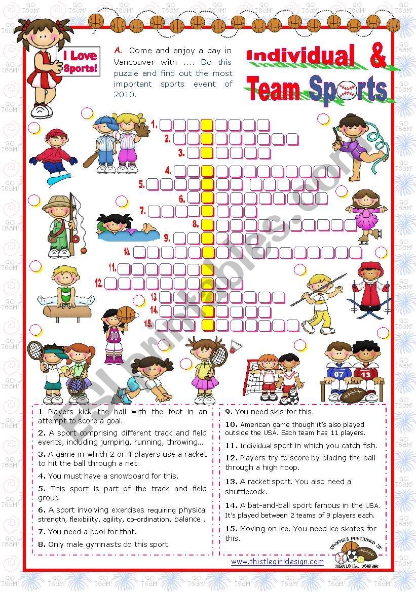 Sports Set 4 Individual And Team Sports Crossword Puzzle ESL 