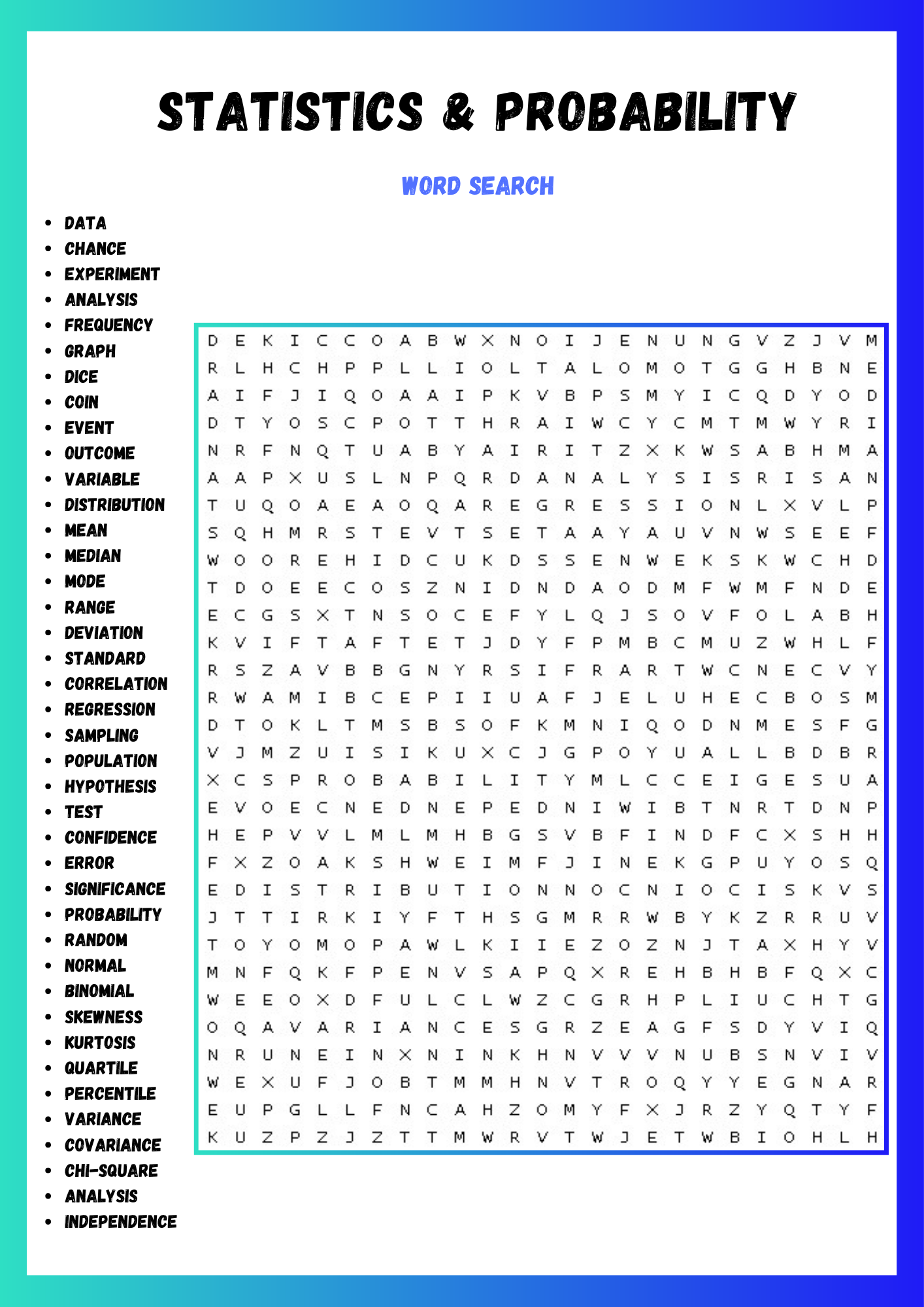 STATISTICS U0026 PROBABILITY WORD SEARCH PUZZLE WORKSHEET ACTIVITIES Made By Teachers