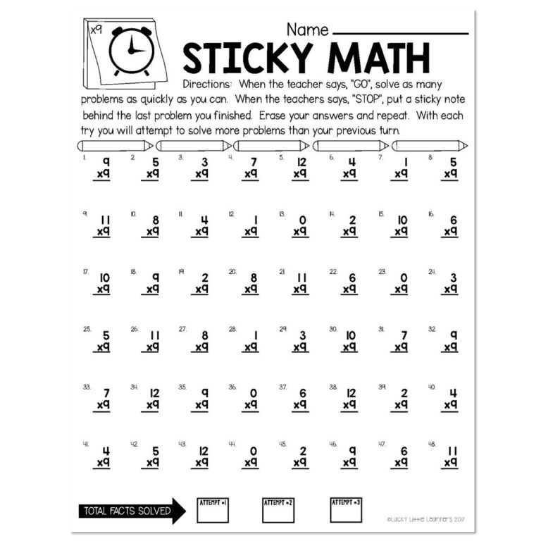 Sticky Math Fact Fluency Practice Multiplication X9 Lucky Little Learners