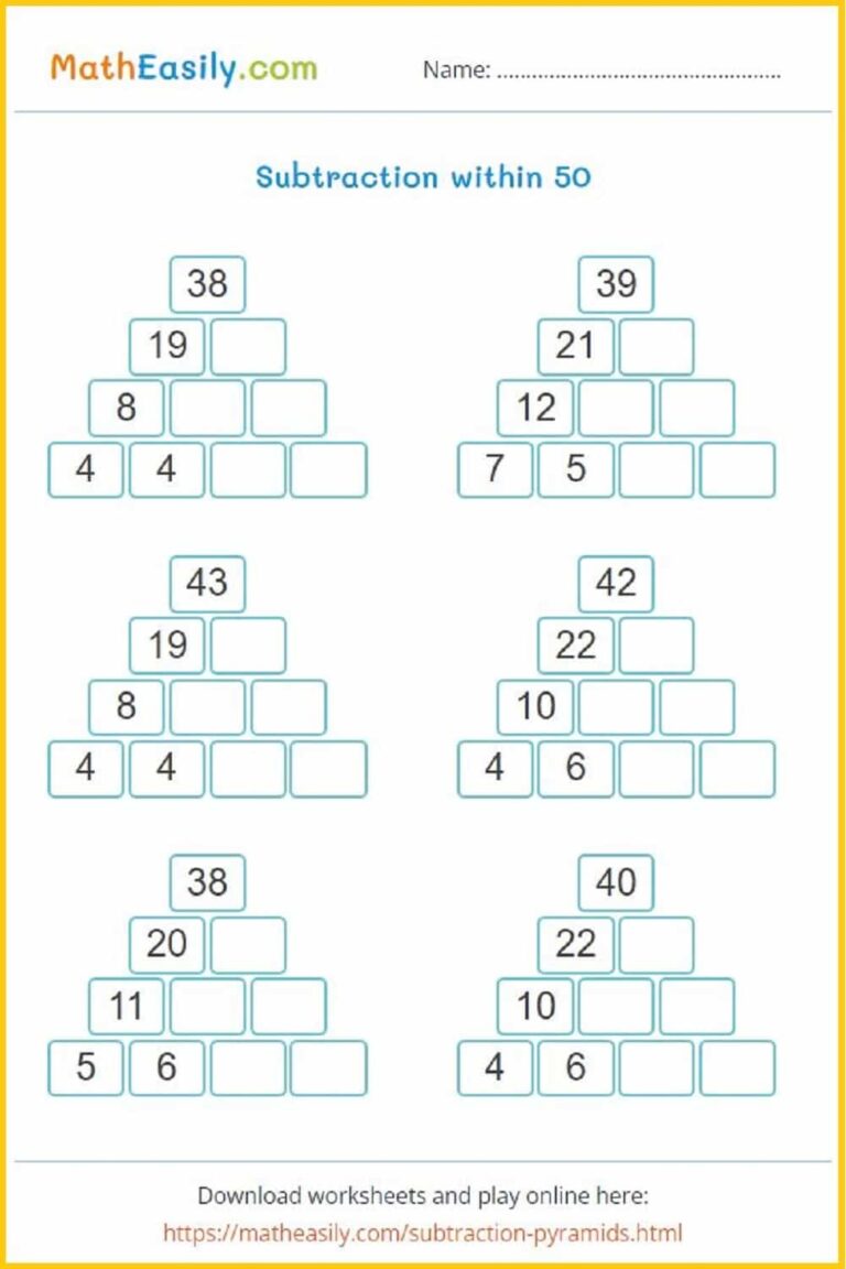 Subtraction Pyramid Puzzle Worksheets Games