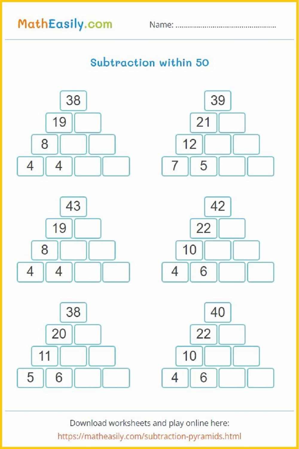 Subtraction Pyramid Puzzle Worksheets Games