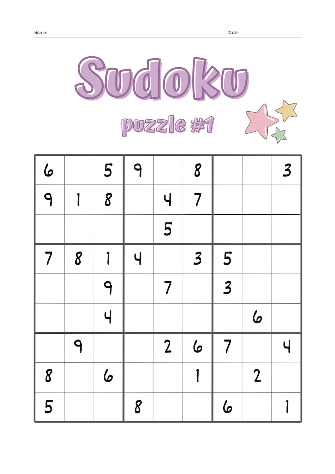 Sudoku Puzzle Worksheet Set Instant Download Kid friendly 