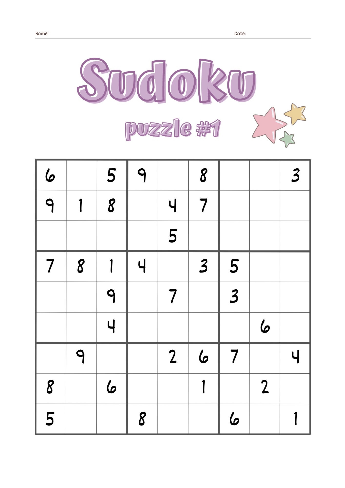 Sudoku Puzzle Worksheet Set Instant Download Kid friendly 