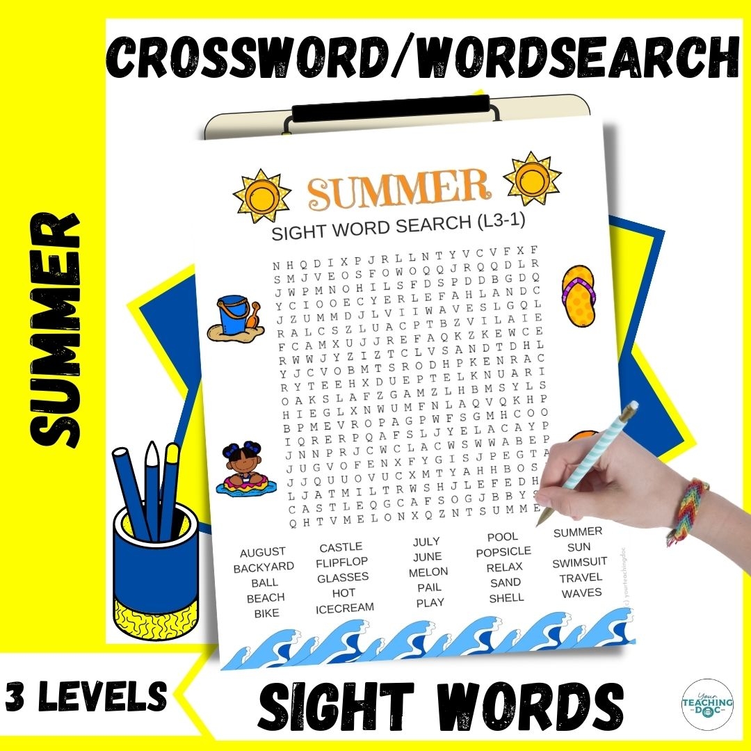Summer Word Search And Crossword Sight Word Puzzle Worksheets 3 