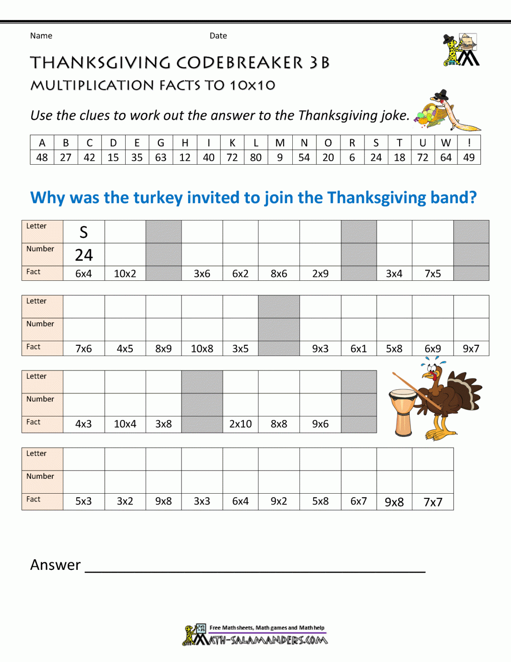 Thanksgiving Math Worksheets 3rd Grade