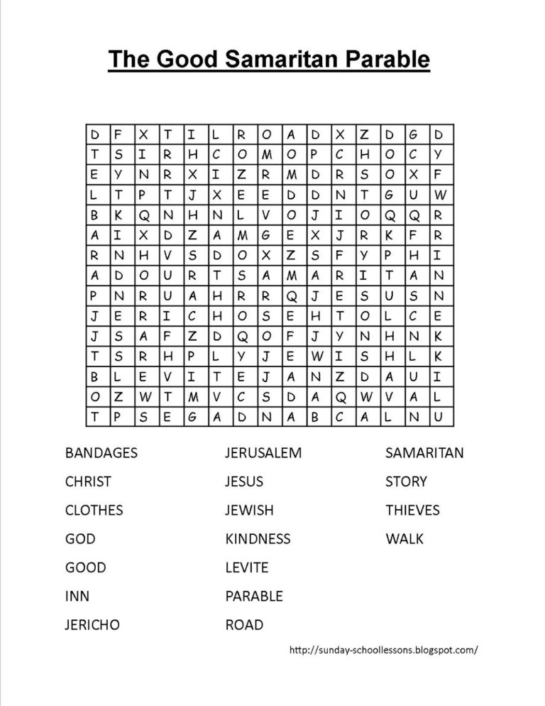 The Good Samaritan Crossword Puzzle Parables Sunday School Lessons Of Plenty