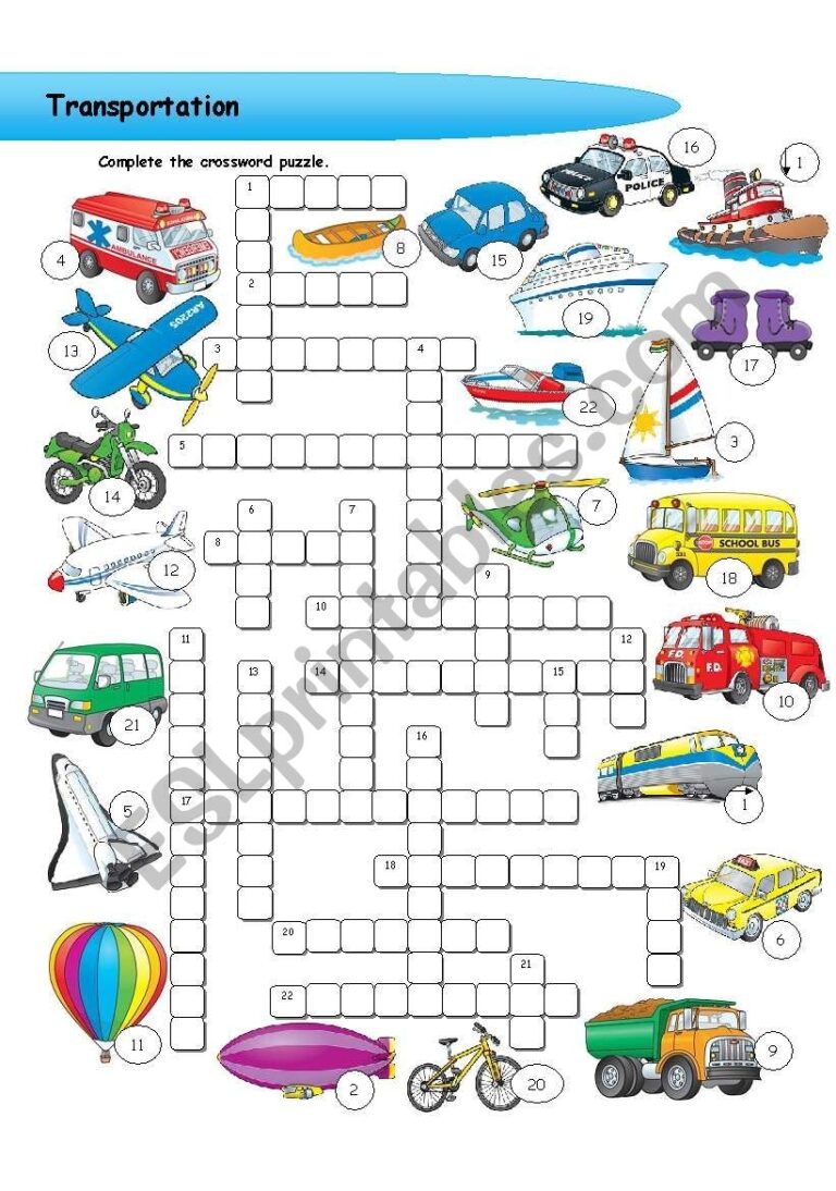 Transportation Crossword Puzzle ESL Worksheet By Alisadedic