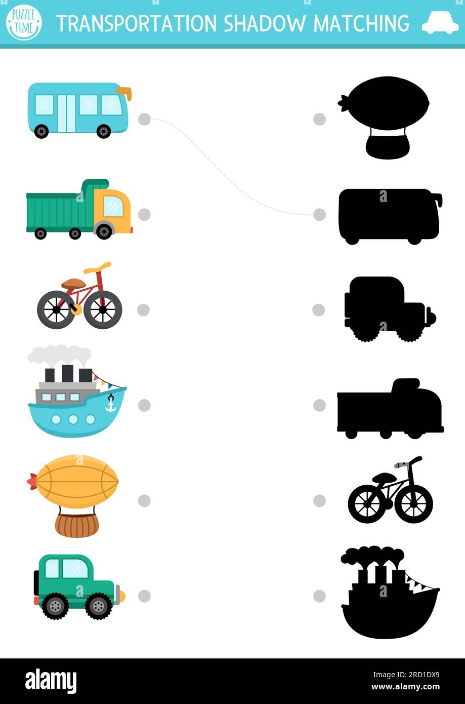 Transportation Shadow Matching Activity Transport Puzzle With Cute Car Truck Ship Zeppelin Bike Bus Find Correct Silhouette Printable Worksheet Stock Vector Image U0026 Art Alamy