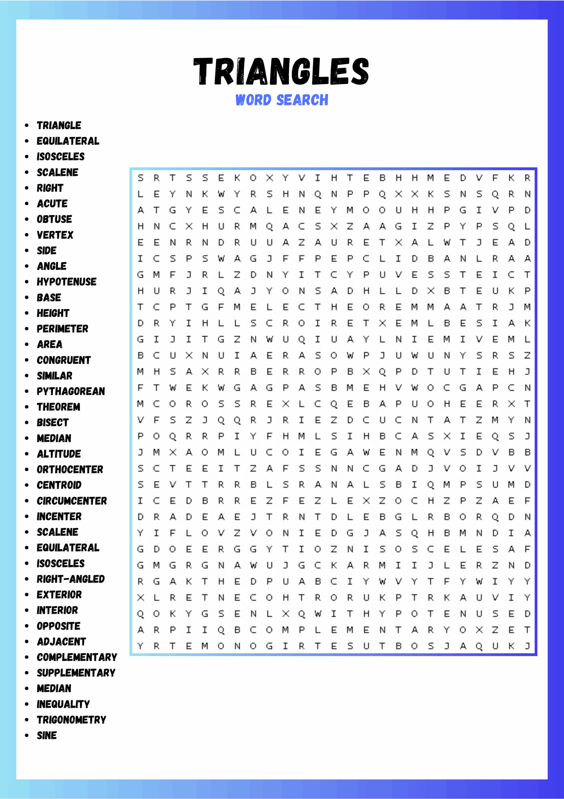 TRIANGLES WORDSEARCH PUZZLE WORKSHEET ACTIVITIES Made By Teachers