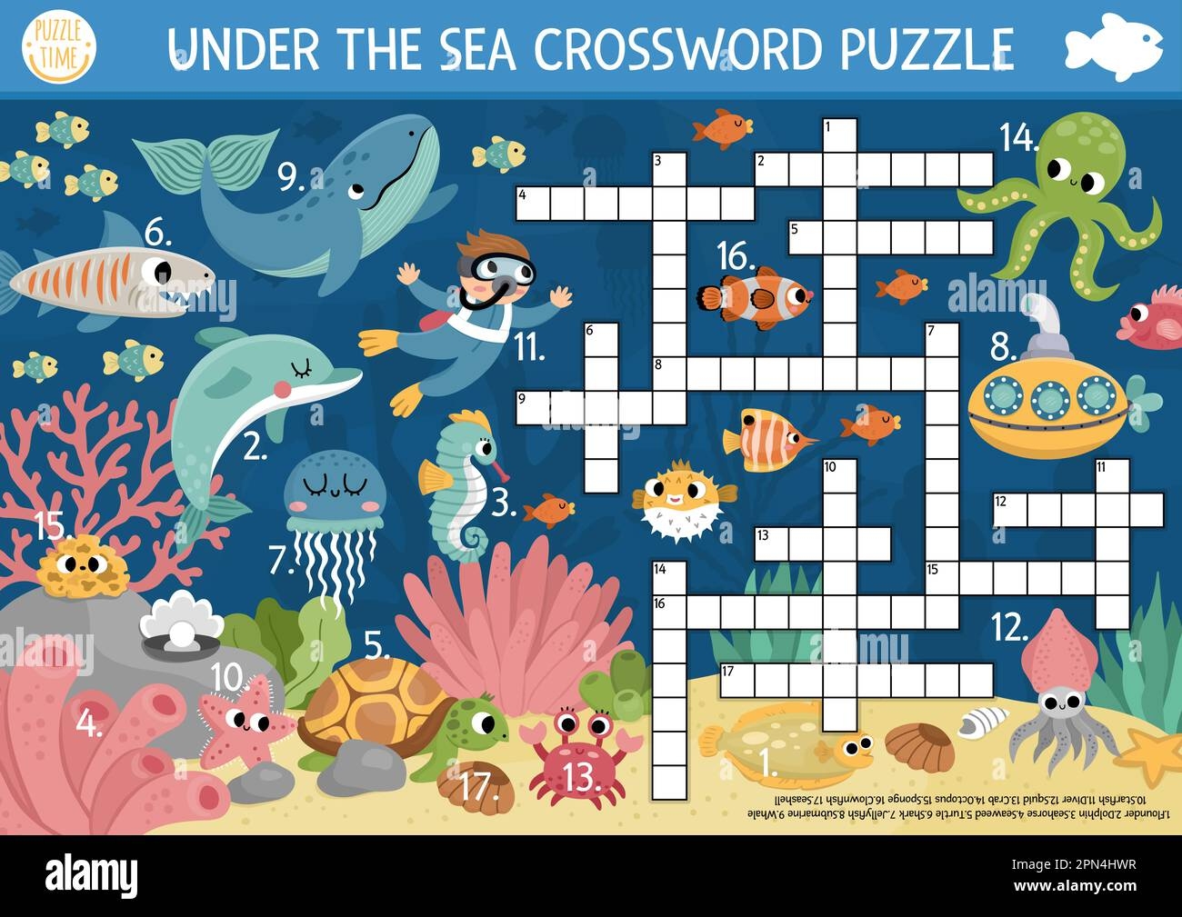 Vector Under The Sea Crossword Puzzle For Kids Simple Ocean Life 