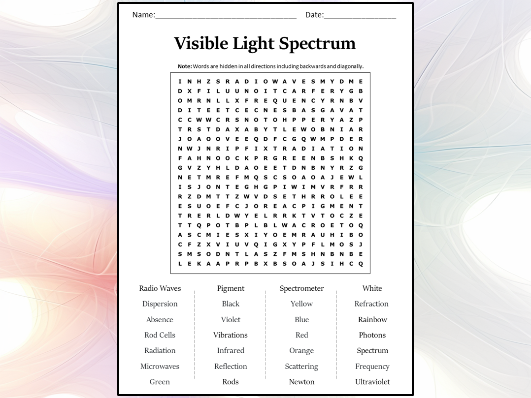Visible Light Spectrum Word Search Puzzle Worksheet Activity Teaching Resources