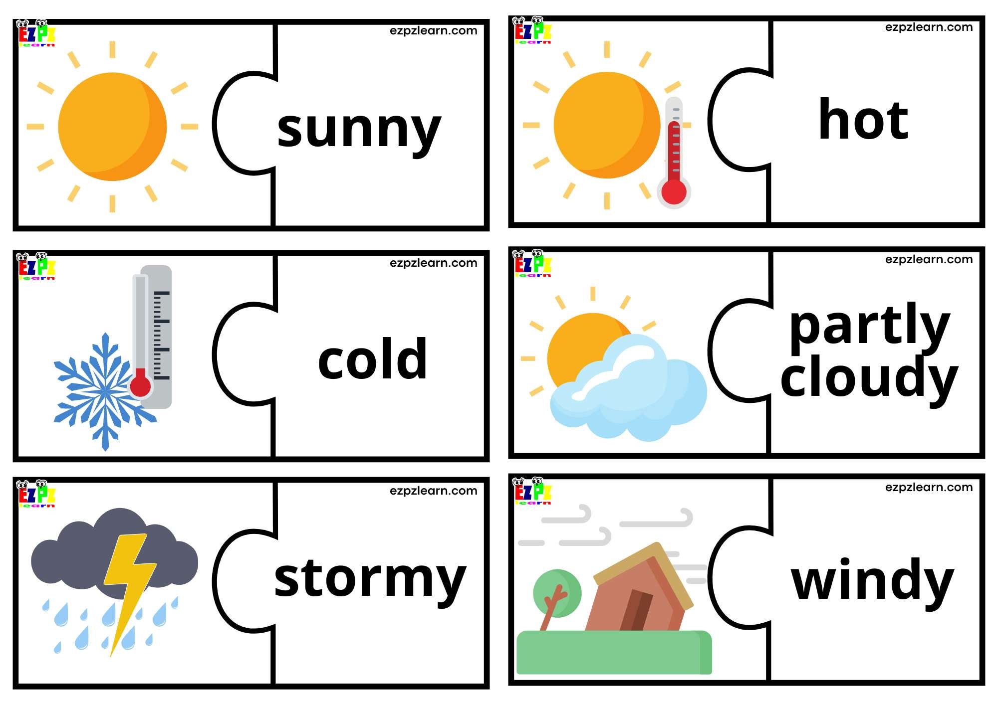 Weather Puzzle Match Game Large Size 6 Words Per Page Free PDF Download Ezpzlearn