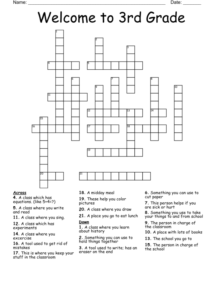 Welcome To 3rd Grade Crossword WordMint