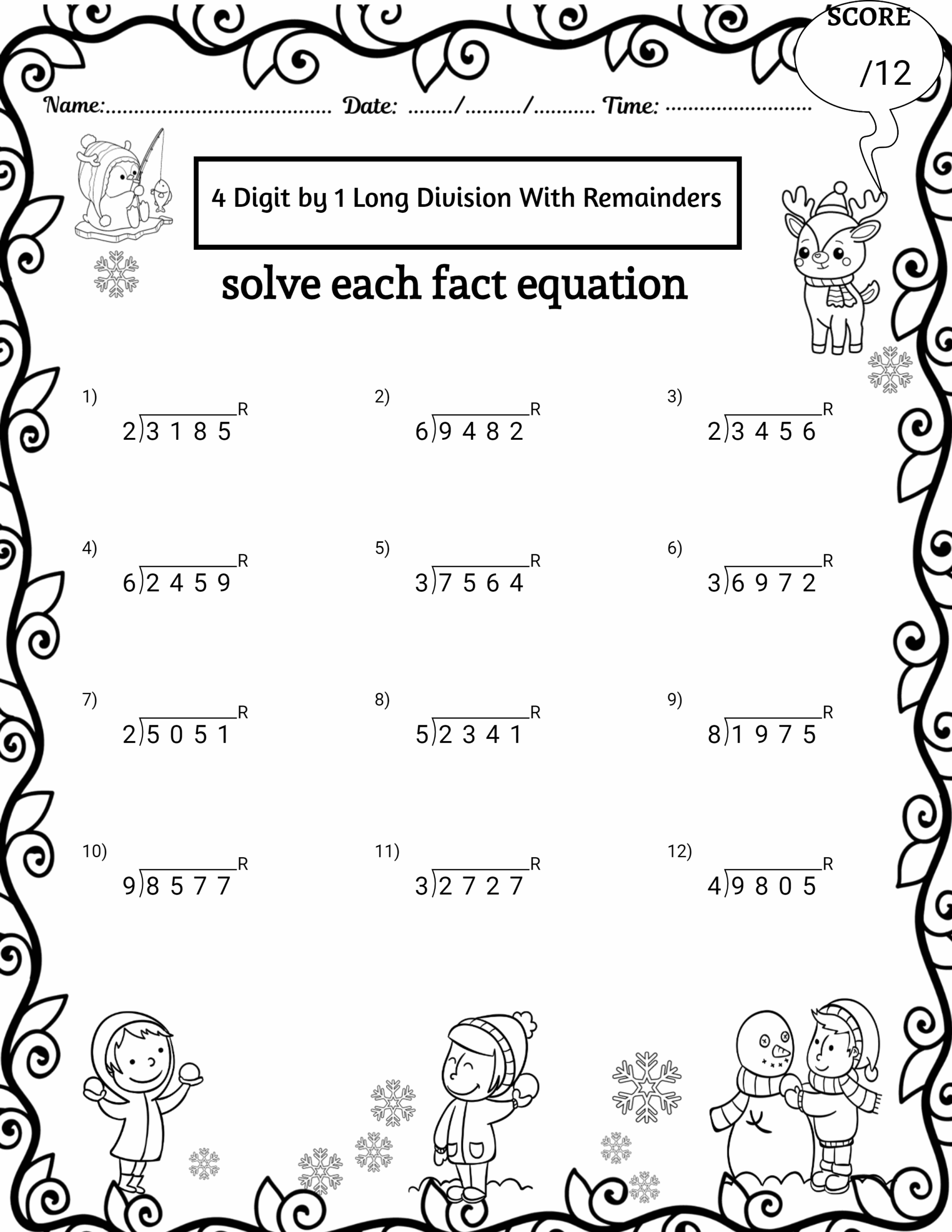 Winter 4 Digit By 1 Digit Long Division Worksheets No Remainders