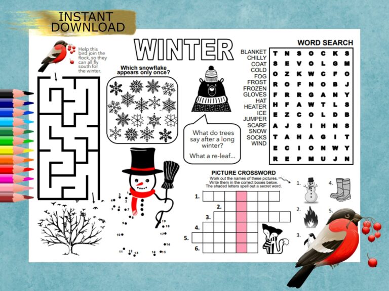 WINTER SEASON Puzzle Placemat PDF Crossword Puzzles Activity Sheet Puzzle Sheet Puzzle Place Mat Printable Wintertime Seasons Etsy