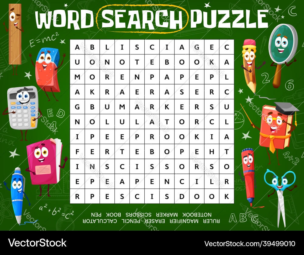 Word Puzzle Game Worksheet With School Characters Vector Image
