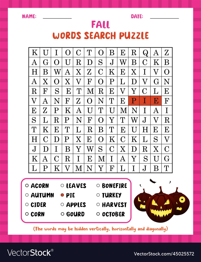 Word Search Game Fall Puzzle Worksheet Royalty Free Vector