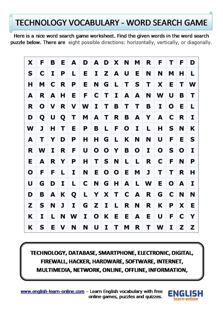 Word Search Puzzle For Technology Words Learn English