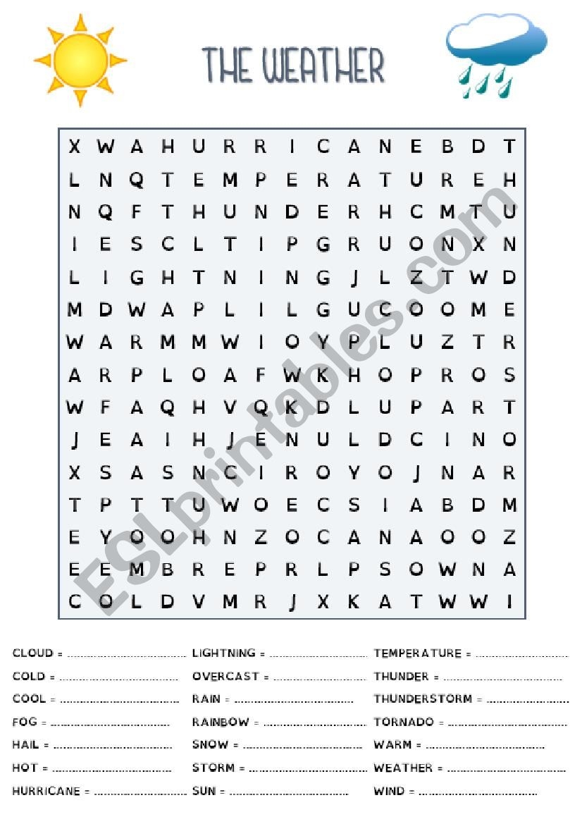 WORD SEARCH PUZZLE THE WEATHER ESL Worksheet By Billex