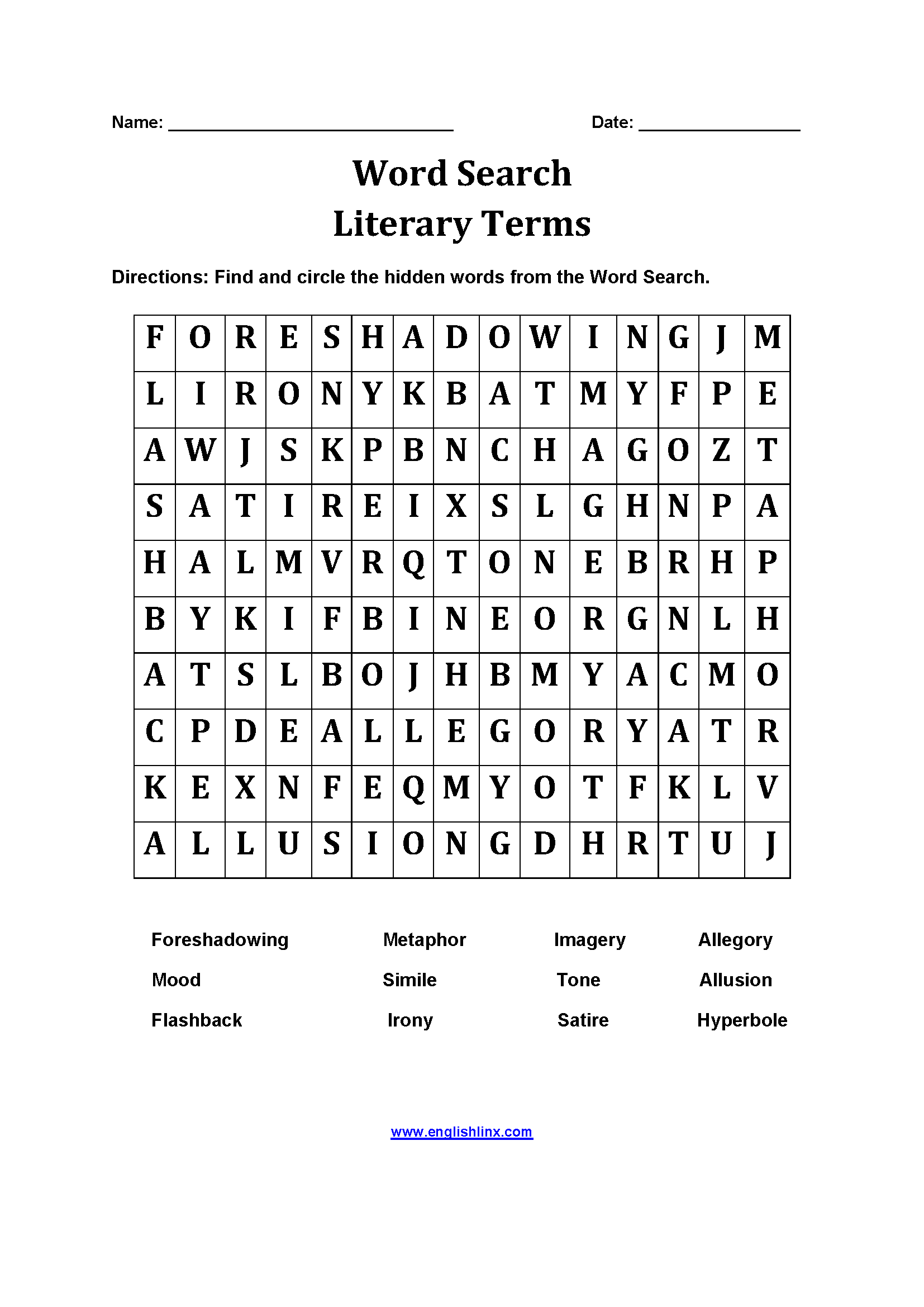 Word Search Worksheets Literary Terms Word Search Worksheets