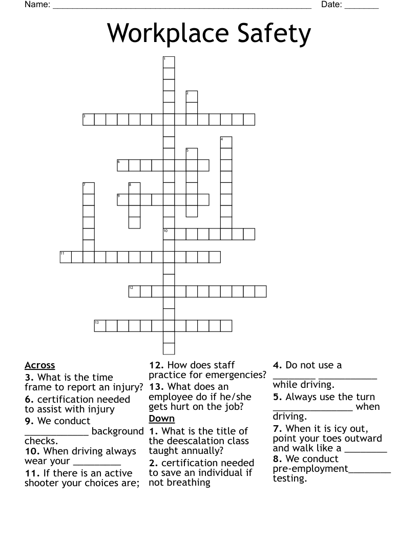 Workplace Safety Crossword WordMint