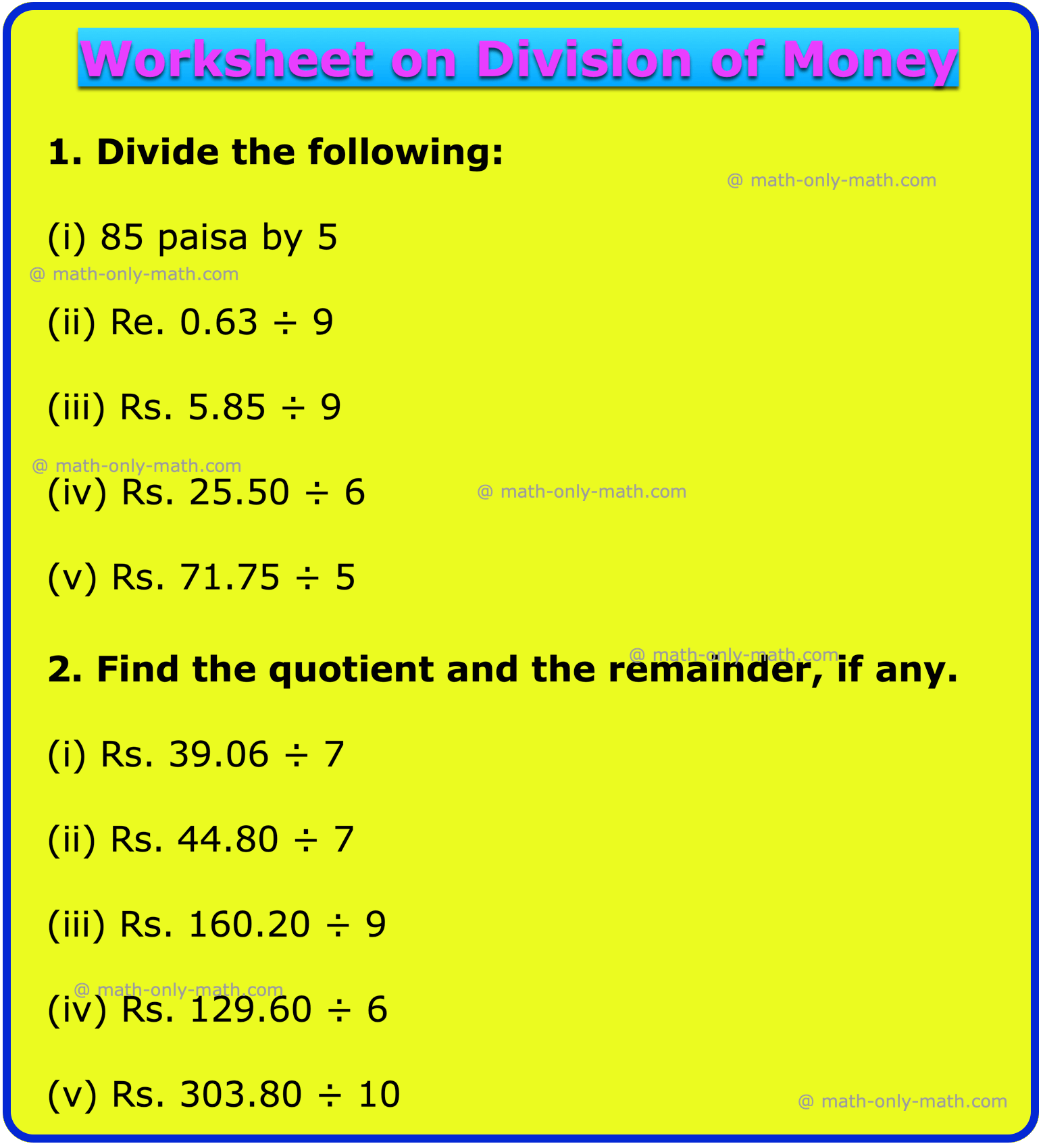 Worksheet On Division Of Money Word Problems On Division Of Money