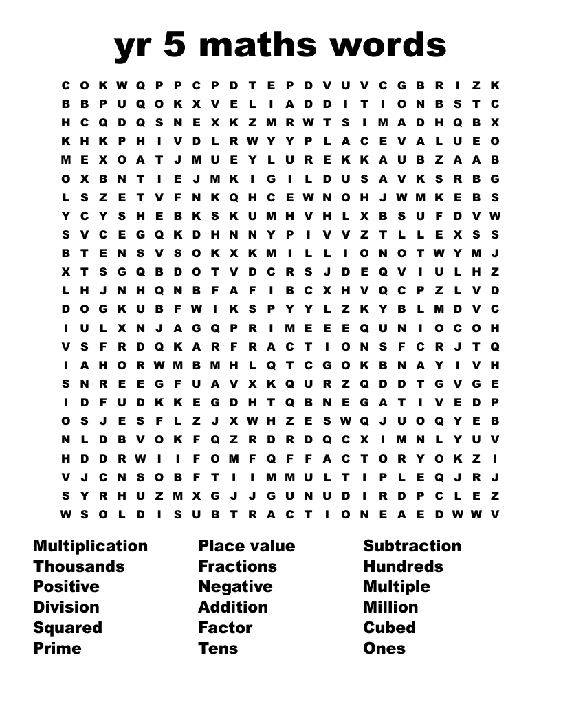 Yr 5 Maths Words Word Search WordMint